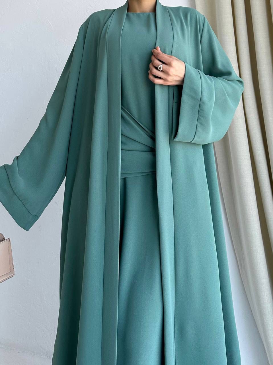 Green Belt Pleated Elegent Abaya with 2 peices