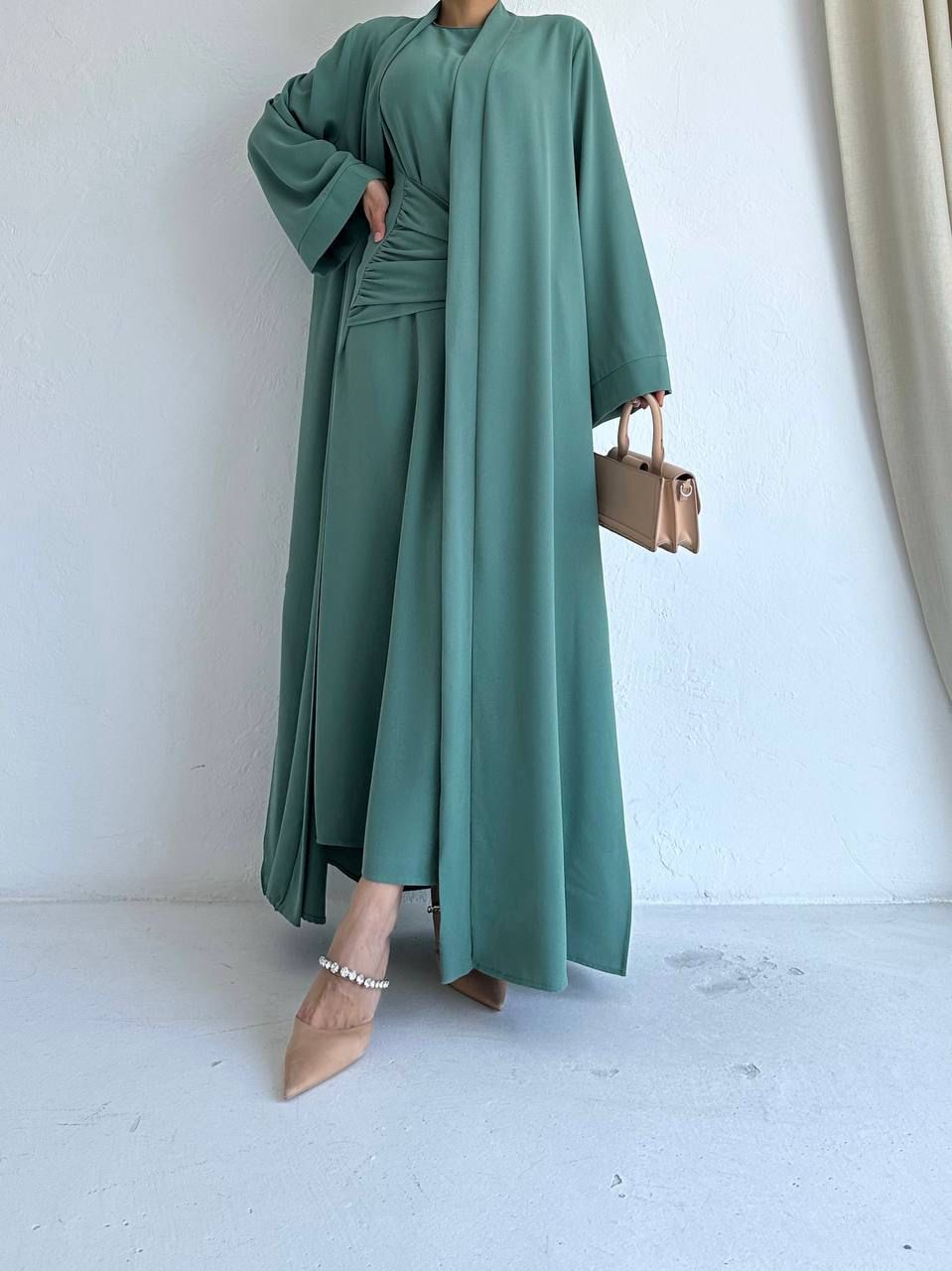 Green Belt Pleated Elegent Abaya with 2 peices