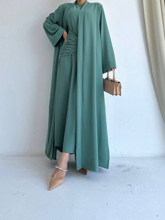 Green Belt Pleated Elegent Abaya with 2 peices