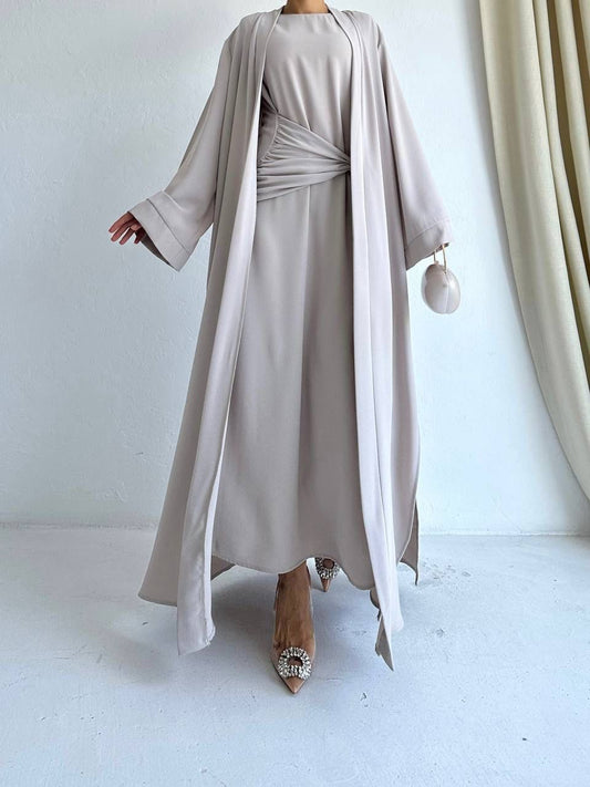 Beige Belt Pleated Elegent Abaya with 2 peices