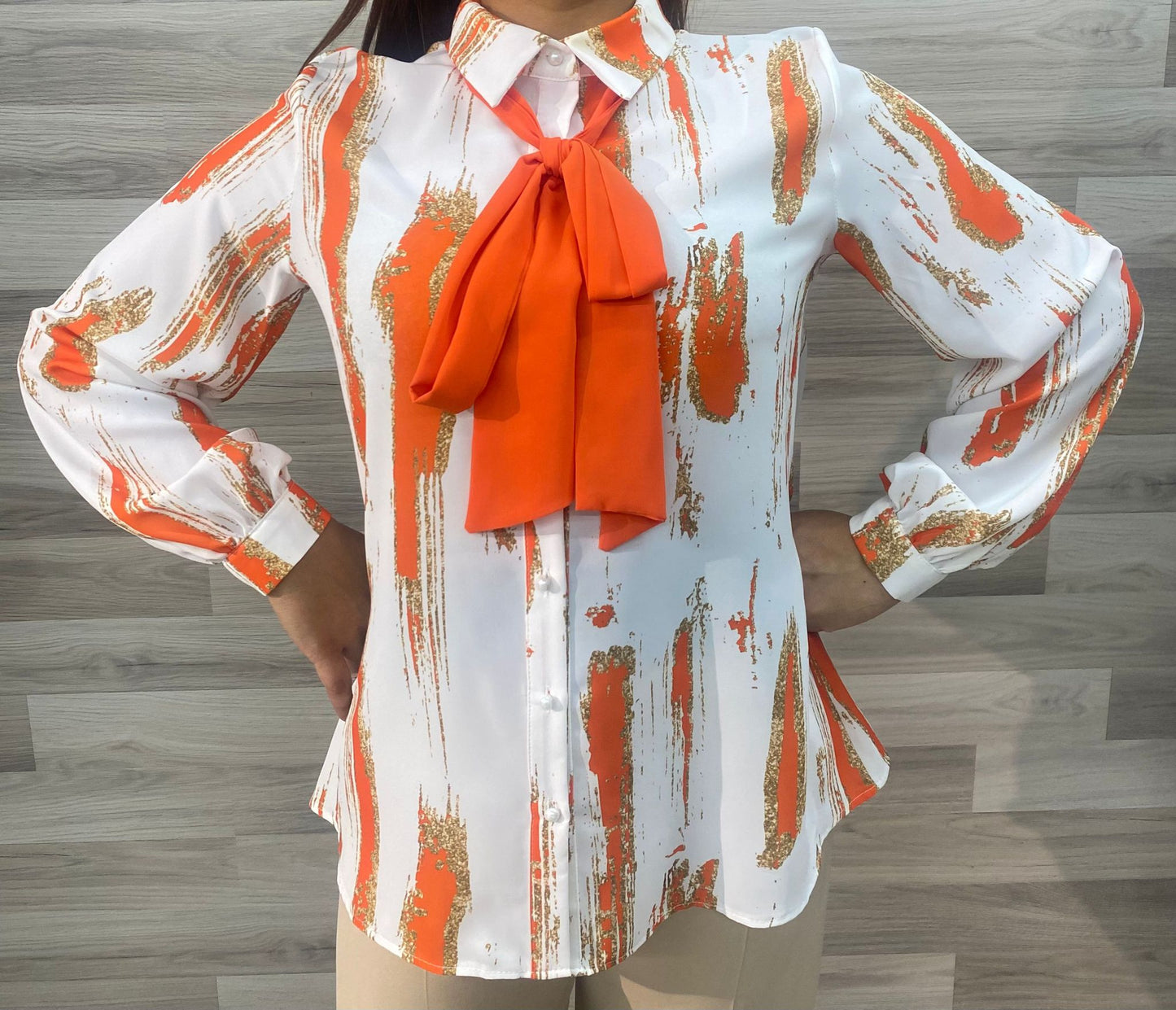 White And Orange Women Long Sleeve Shirt With Scarf