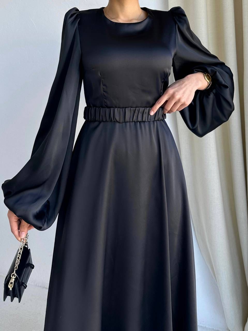 Belt Pleated Satin Dress Black