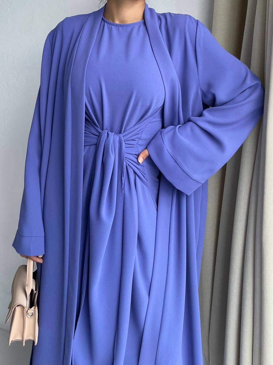 Blue Belt Pleated Elegent Abaya with 2 peices