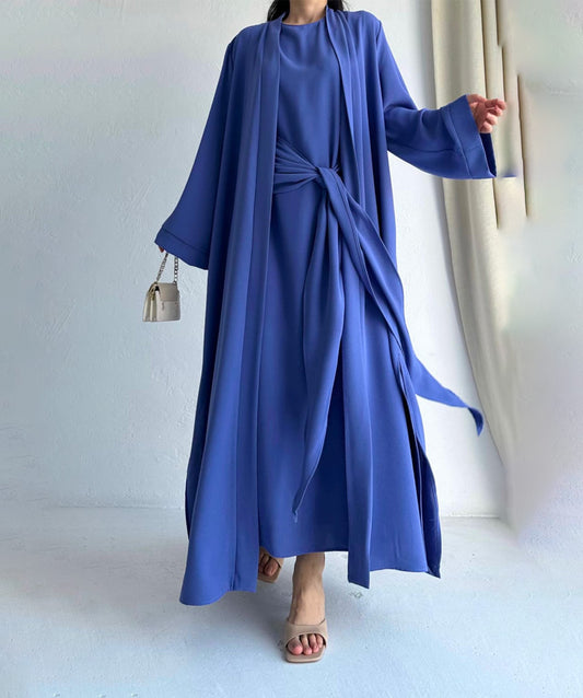 Blue Belt Pleated Elegent Abaya with 2 peices