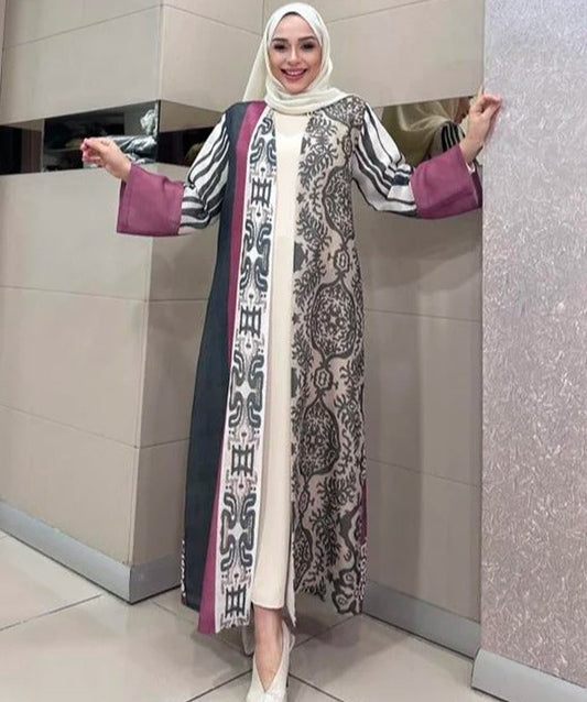 Abaya Beige And Grey with Red hands