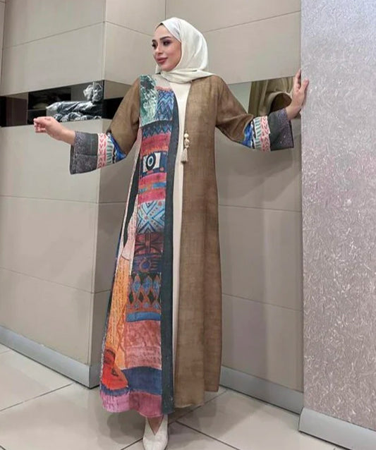 Abaya Brown And Multicolor