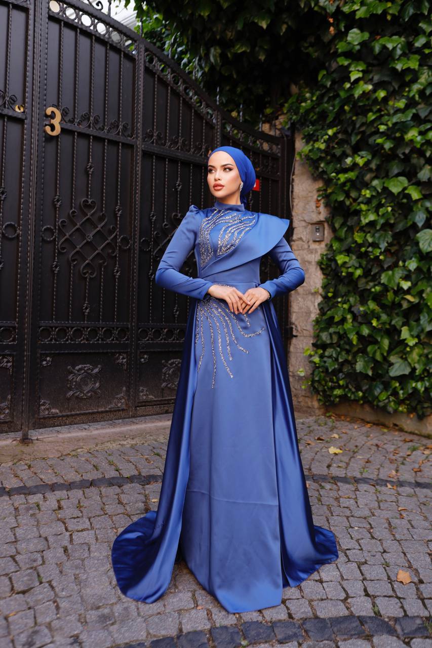 Navy Blue Silk Modest Dress
