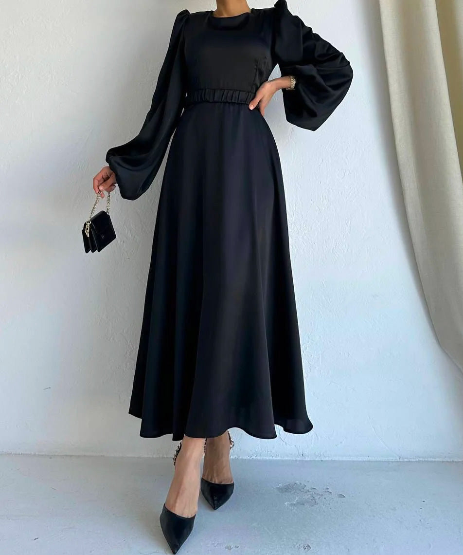 Belt Pleated Satin Dress Black