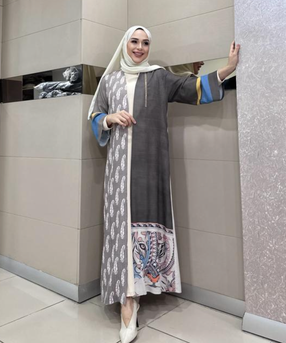 Abaya Beige and Grey with Blue hands