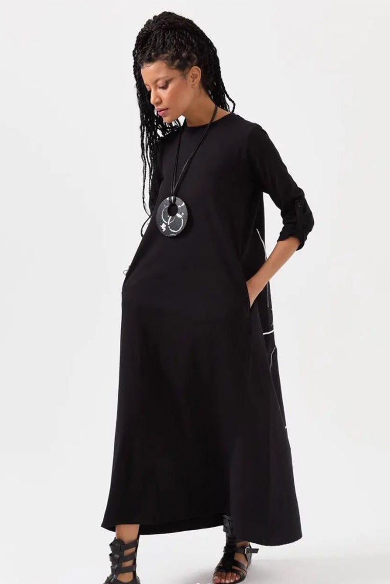 Black Modest Dress with white Draw on Back